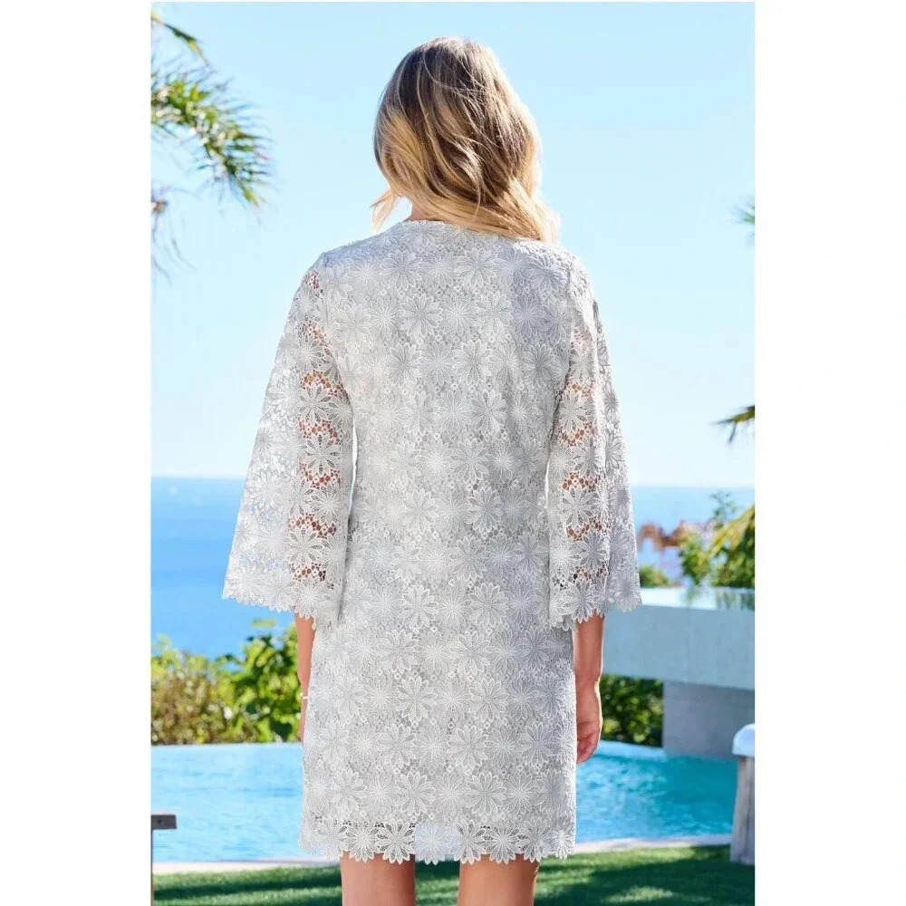 Boston Proper Embellished Metallic Floral Lace Tunic Dress White/Silver Size XS - Picture 2 of 16